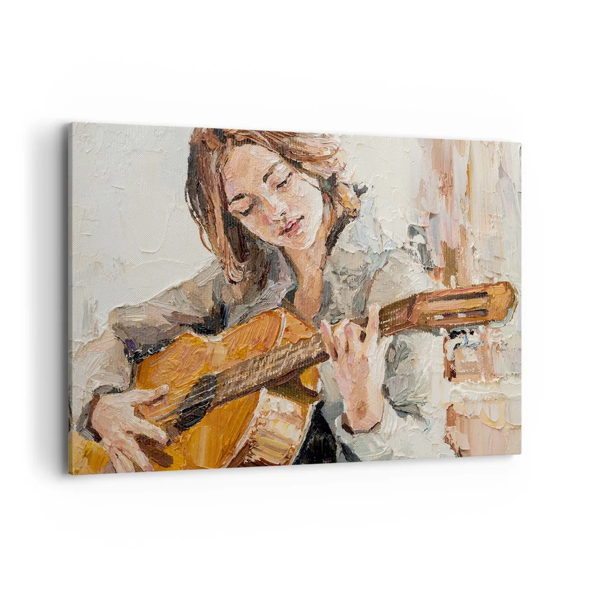 Impression sur toile - Image sur toile - Portrait d'une fille jouant de la guitare dans un style pictural aux couleurs chaudes. - 100x70cm - Concerto pour guitare et coeur de fille - Décoration murale moderne pour le salon et la chambre ARTTOR