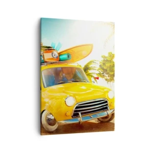 Impression sur toile - Image sur toile - Une voiture jaune avec des bagages dans un paysage tropical - 50x70cm - Un voyage pour plus d'un sourire - Décoration murale moderne pour le salon et la chambre ARTTOR