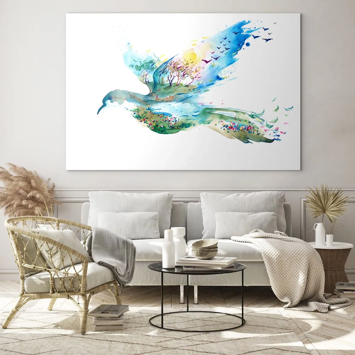 Impression sur verre - Image sur verre - Silhouette aquarelle d'un oiseau avec un paysage en arrière-plan - 70x50cm - Sur les ailes de la nature - Décoration murale moderne pour le salon et la chambre ARTTOR