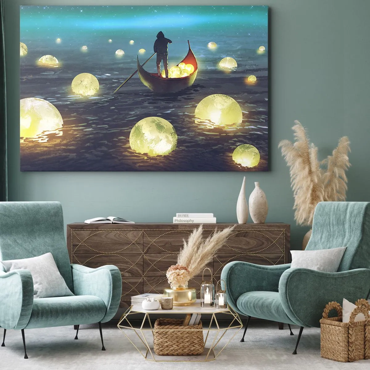 Impression sur toile - Image sur toile - Une silhouette dans un bateau entourée de boules lumineuses sur l'eau - 70x50cm - Des choses dont les philosophes n'ont jamais rêvé - Décoration murale moderne pour le salon et la chambre ARTTOR