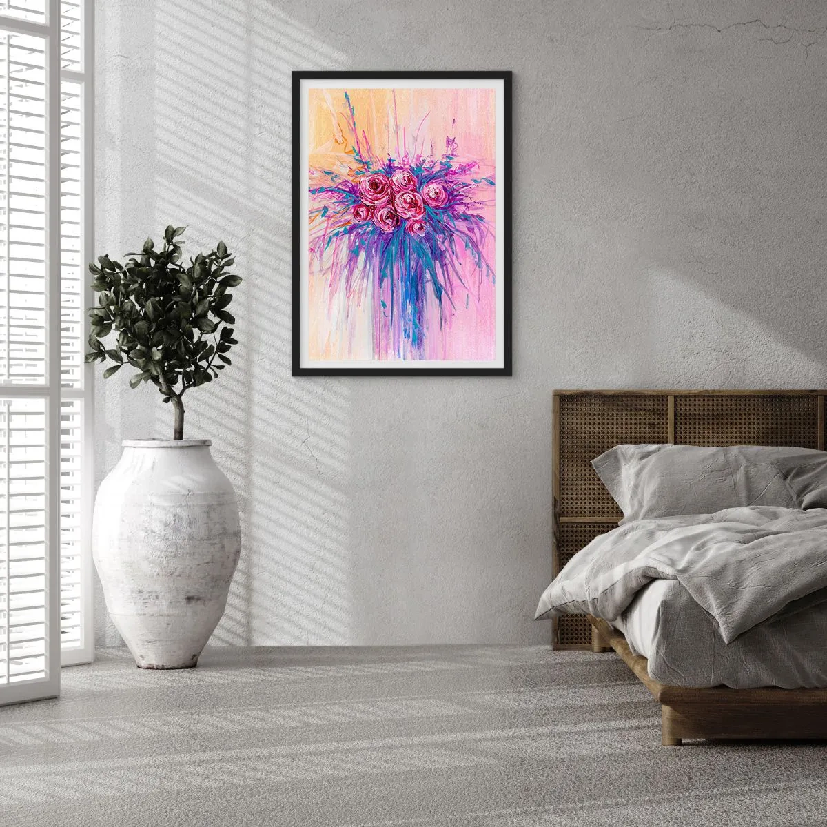 Affiche dans un cadre noir - Poster - Des roses colorées sur un fond aux tons roses - 50x70cm - Fontaine aux roses - Décoration murale moderne pour le salon et la chambre ARTTOR