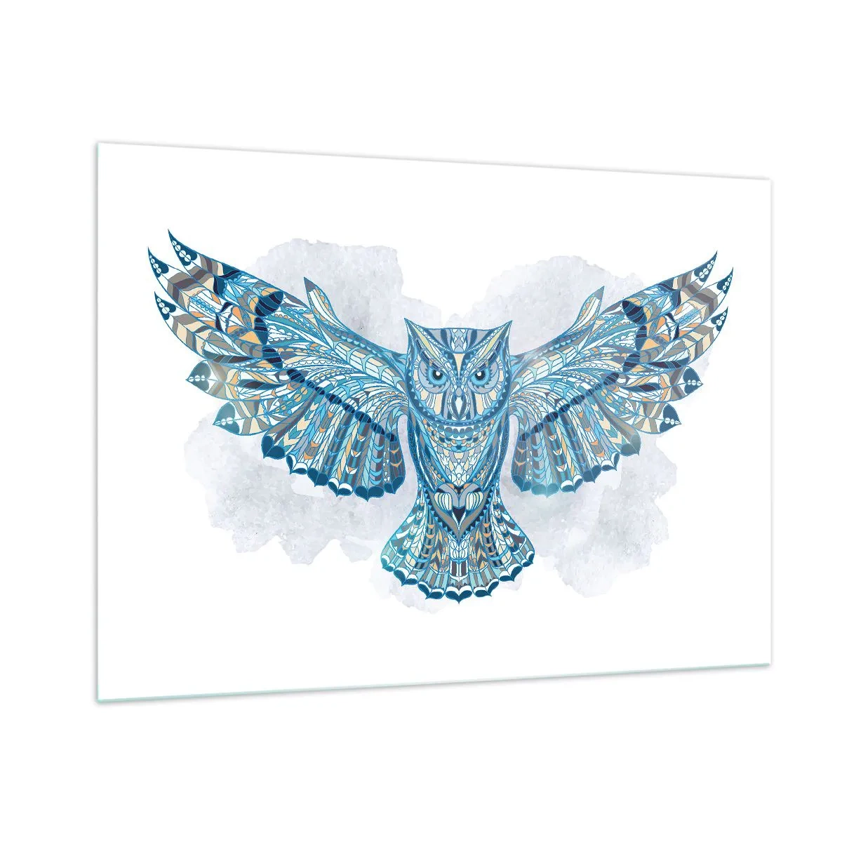Impression sur verre - Image sur verre - Chouette bleue aux ailes déployées de style géométrique - 100x70cm - D'un bosquet sacré celtique - Décoration murale moderne pour le salon et la chambre ARTTOR