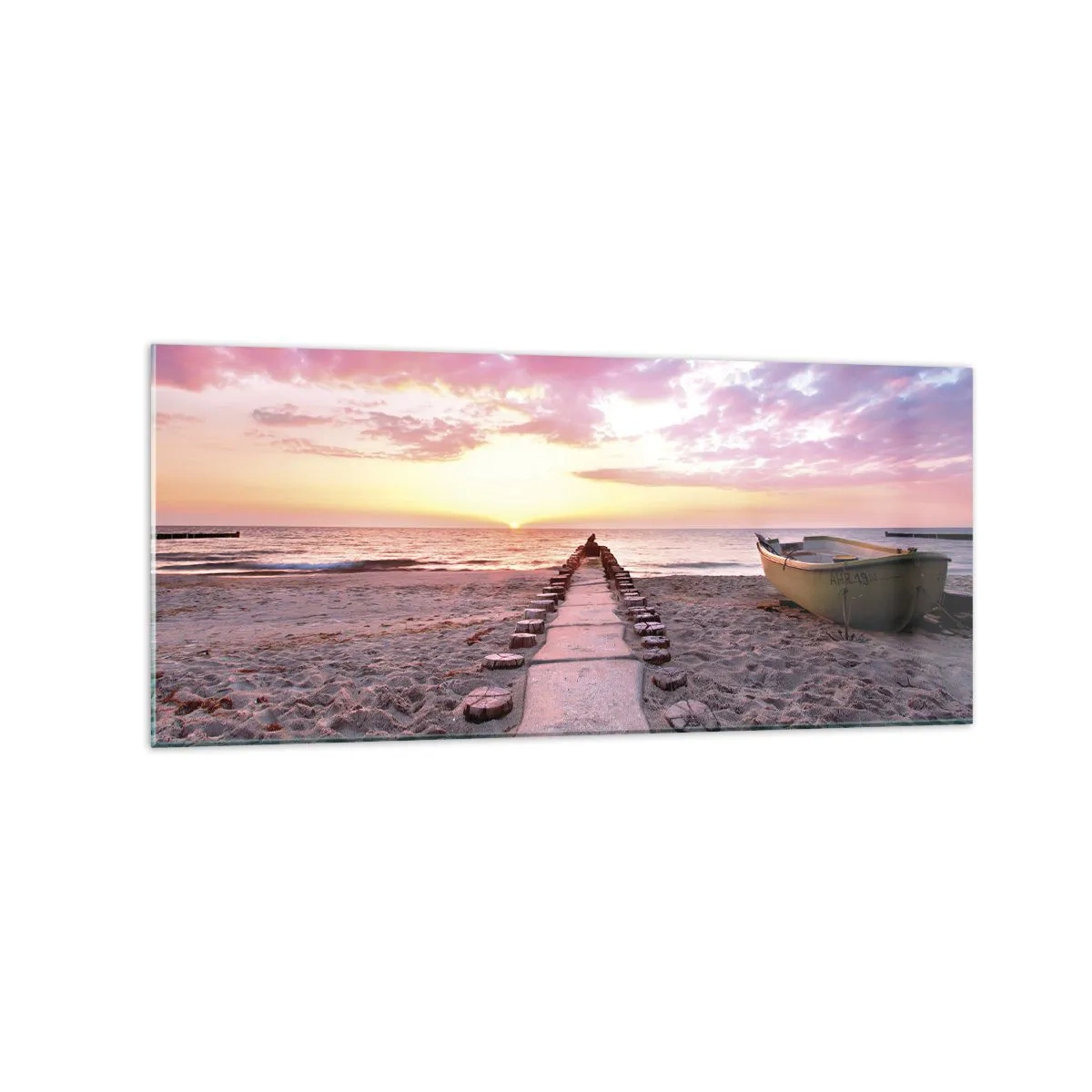 Impression sur verre - Image sur verre - Plage au lever du soleil avec bateau et jetée - 120x50cm - Moment d'expérience profonde - Décoration murale moderne pour le salon et la chambre ARTTOR