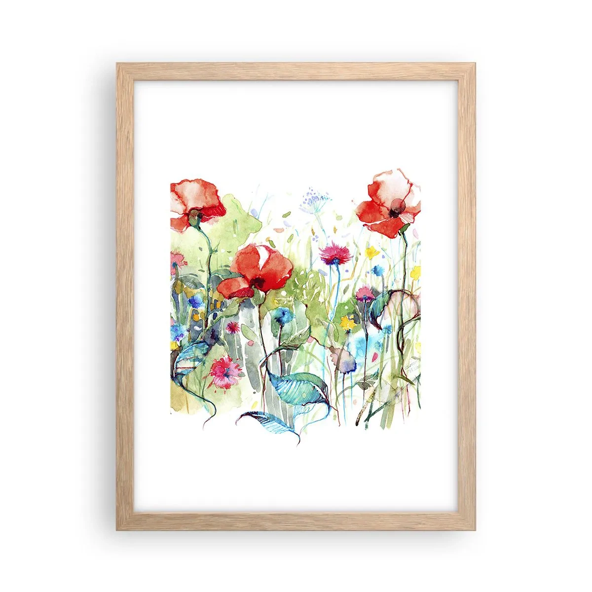 Affiche dans un chêne clair - Poster - Prairie de fleurs en mai - 30x40 cm