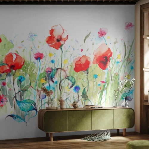 Papier Peint Photo Premium Canvas - Prairie de fleurs en mai - Fleurs, Coquelicots, Jardin - 250x175 cm