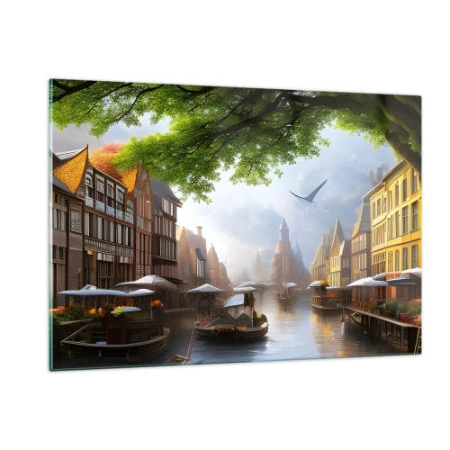 Impression sur verre - Image sur verre - Une vue atmosphérique d'un canal hollandais avec des bateaux et des bâtiments - 120x80cm - Paysage urbain néerlandais - Décoration murale moderne pour le salon et la chambre ARTTOR