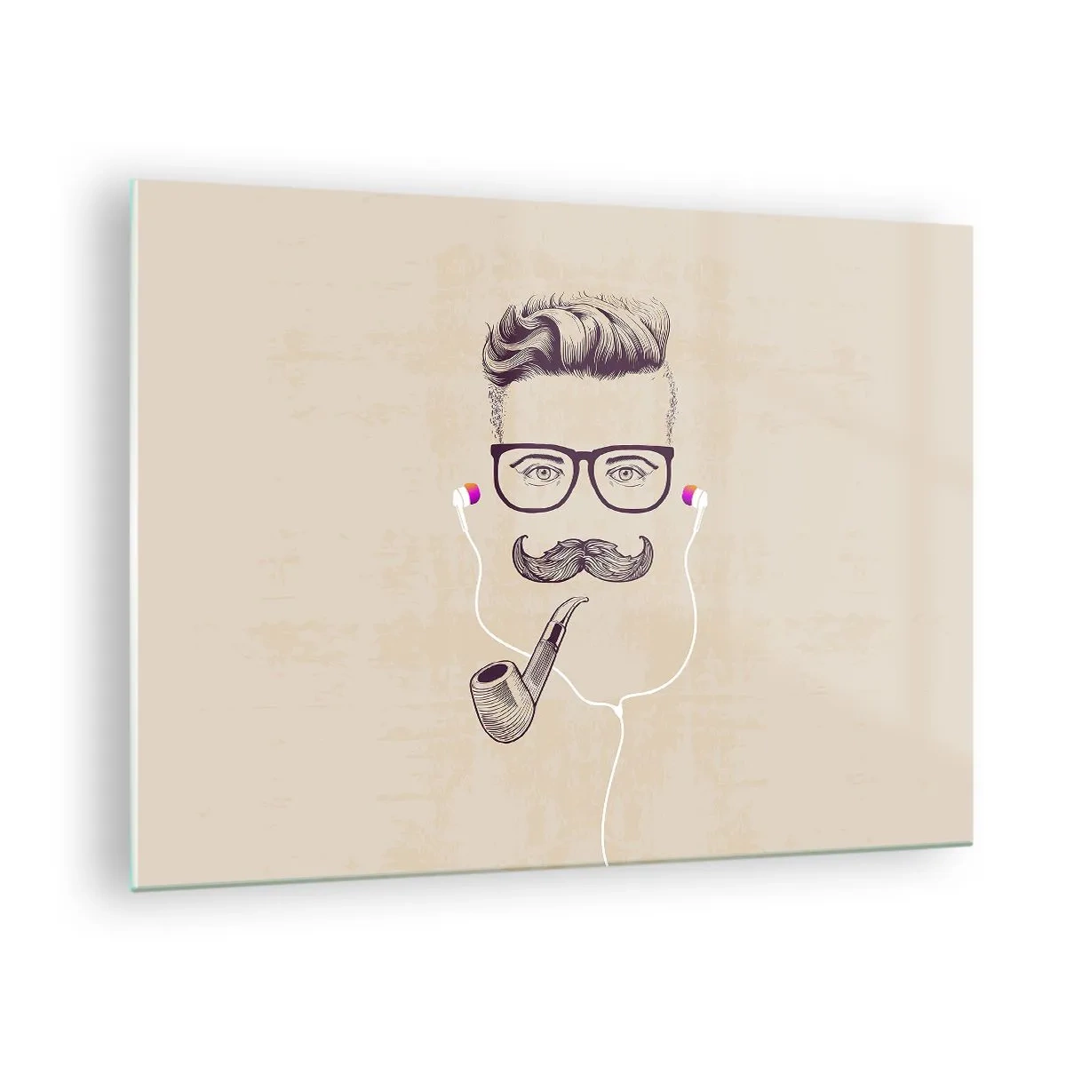 Impression sur verre - Image sur verre - Un dessin d'un homme stylisé avec des lunettes, une moustache et une pipe. - 70x50cm - Un vrai homme? - Décoration murale moderne pour le salon et la chambre ARTTOR