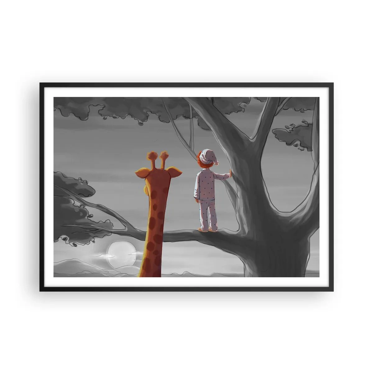 Affiche dans un cadre noir - Poster - Un enfant et une girafe sur une branche d'arbre dans un paysage de conte de fées - 100x70cm - Cela arrive vraiment - Décoration murale moderne pour le salon et la chambre ARTTOR