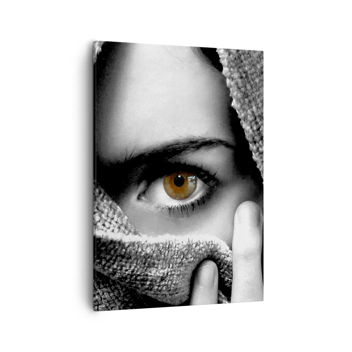 Impression sur toile - Image sur toile - Portrait d'une femme à l'oeil ambré recouvert d'un tissu aux tons gris. - 50x70cm - Apprenez le secret - Décoration murale moderne pour le salon et la chambre ARTTOR