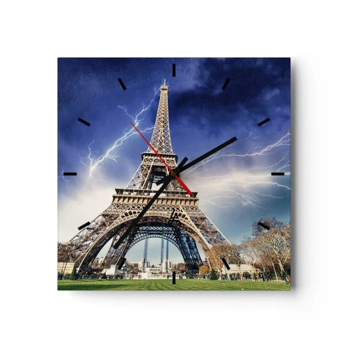 Horloge murale - Pendule murale - La Tour Eiffel avec un ciel orageux et des éclairs en arrière-plan - 30x30cm - Maître des tempêtes - Décoration murale moderne pour le salon et la chambre ARTTOR