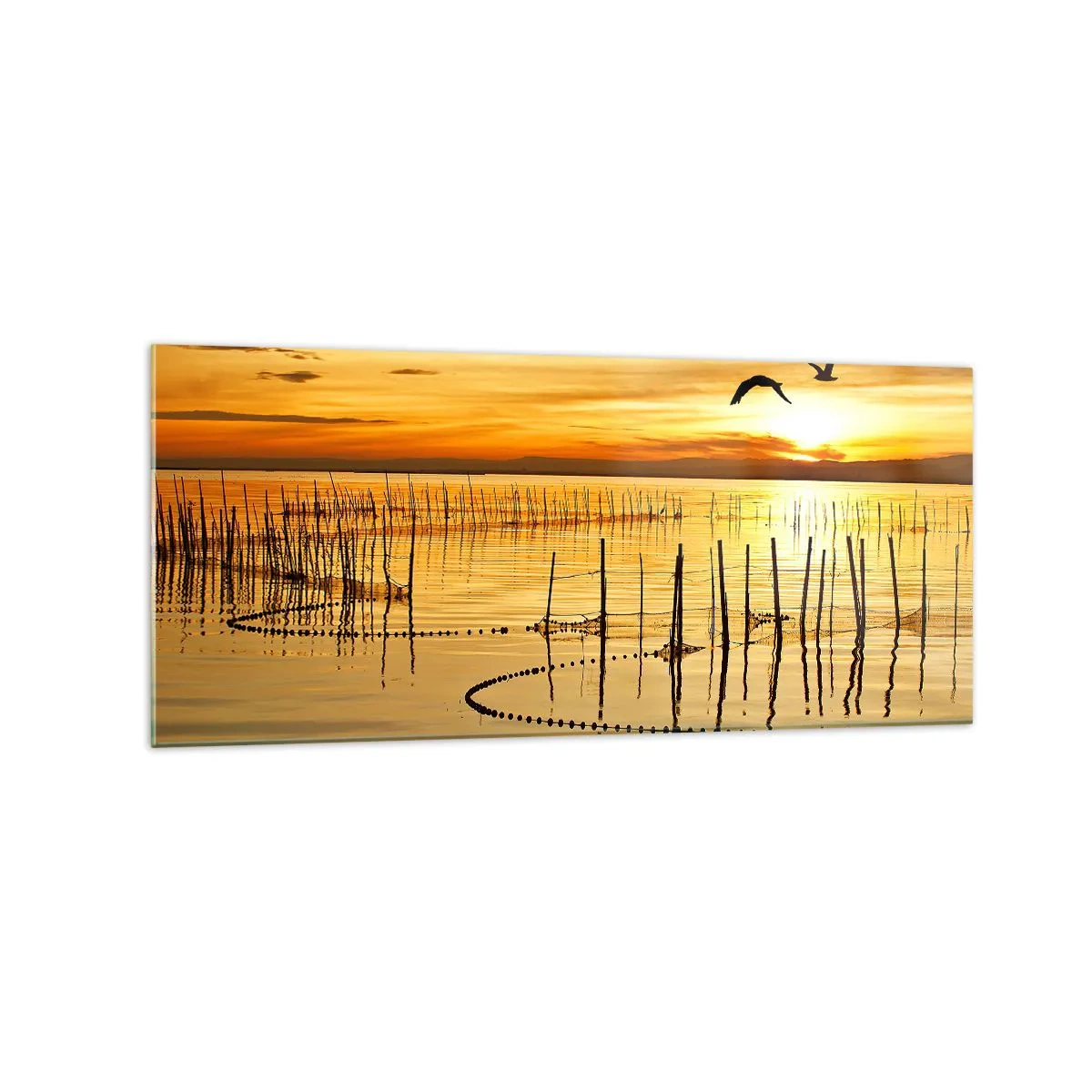 Impression sur verre - Image sur verre - Coucher de soleil sur l'eau avec des oiseaux en vol - 120x50cm - À la pêche - Décoration murale moderne pour le salon et la chambre ARTTOR