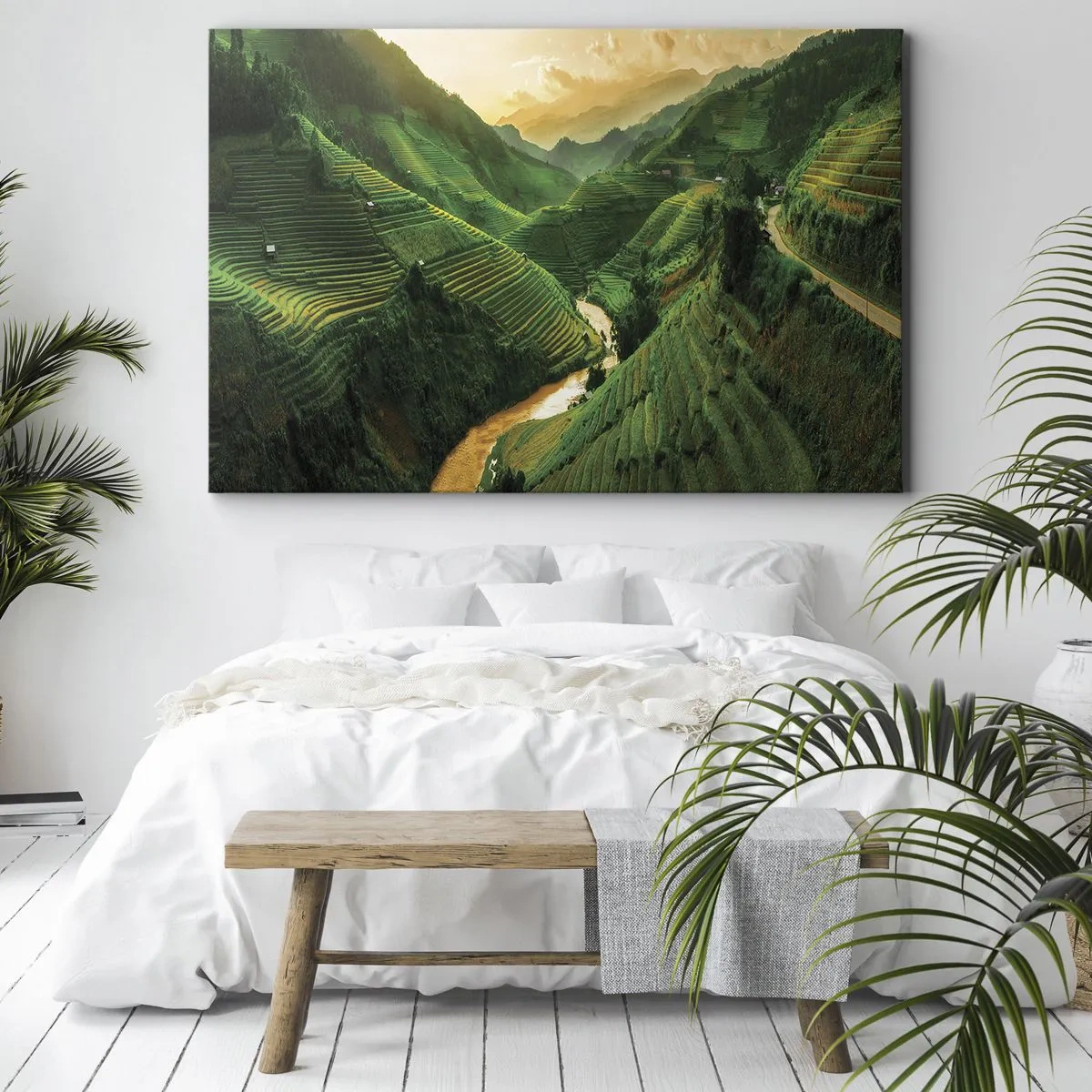 Impression sur toile - Image sur toile - Rizières en terrasses pittoresques dans une vallée verdoyante illuminée par le soleil couchant - 100x70cm - Vallée vietnamienne - Décoration murale moderne pour le salon et la chambre ARTTOR