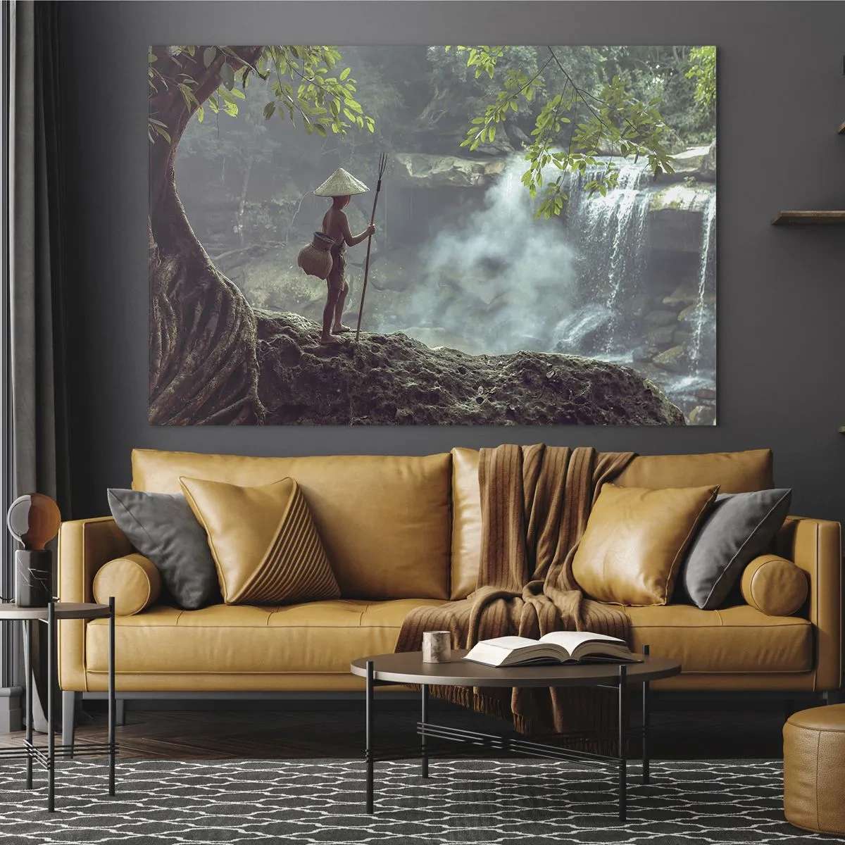 Impression sur verre - Image sur verre - Un garçon avec une lance près d'une cascade dans la forêt tropicale - 120x80cm - Lier d'amitié avec la nature - Décoration murale moderne pour le salon et la chambre ARTTOR