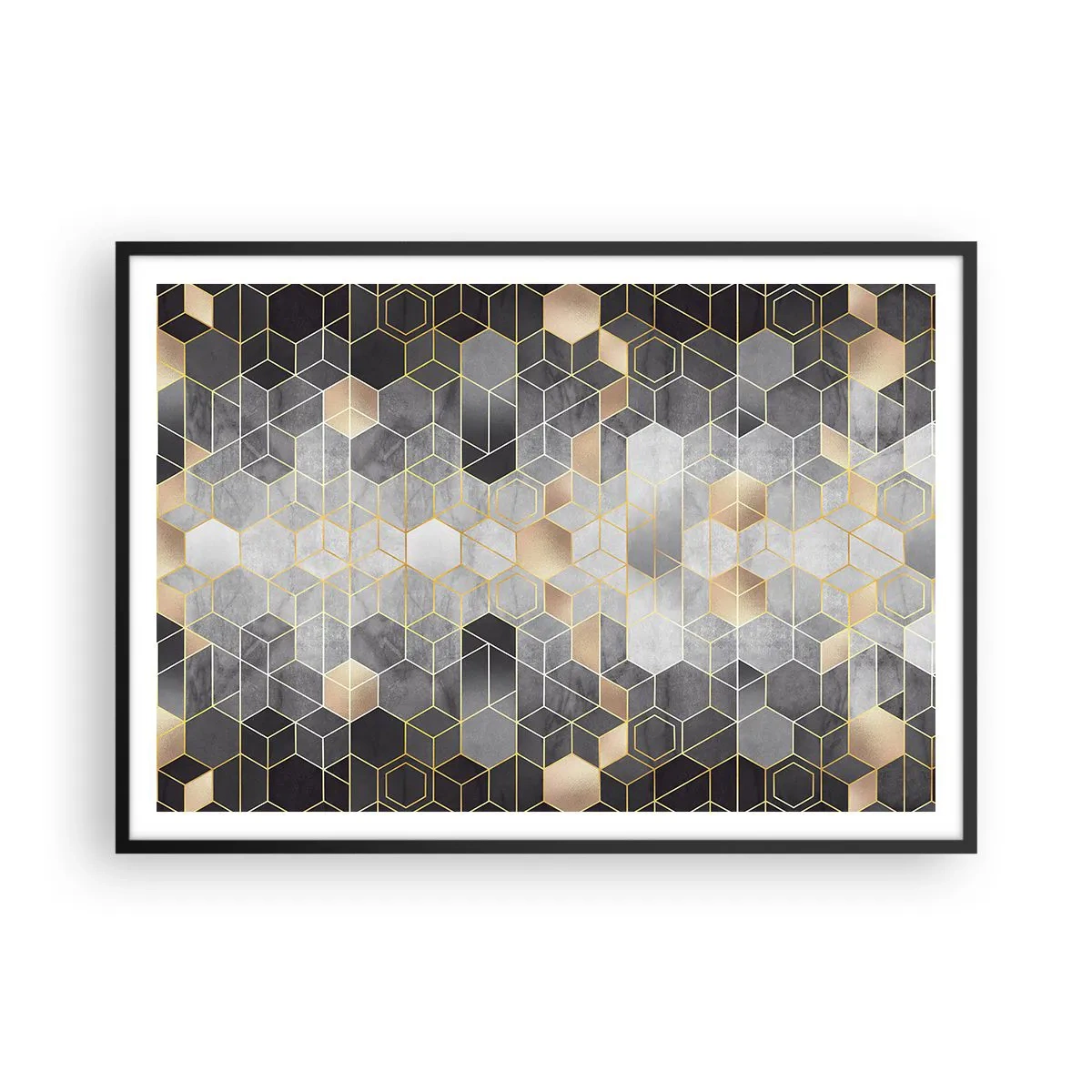 Affiche dans un cadre noir - Poster - Motif géométrique dans des tons dorés - 100x70cm - Composition de diamants - Décoration murale moderne pour le salon et la chambre ARTTOR