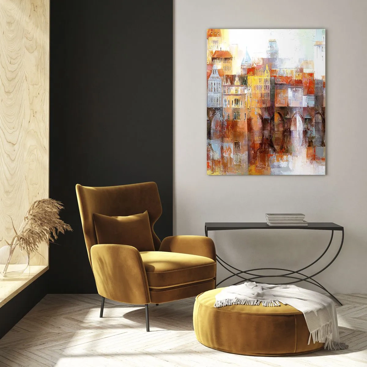 Impression sur verre - Image sur verre - Panorama coloré de la ville avec un pont et un reflet dans l'eau - 50x70cm - C'est aussi beau sous le pont - Décoration murale moderne pour le salon et la chambre ARTTOR