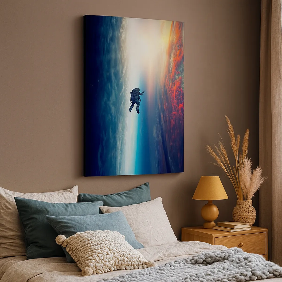 Impression sur toile - Image sur toile - Un astronaute flottant dans l'espace au-dessus d'une Terre colorée - 50x70cm - Affronter l'univers - Décoration murale moderne pour le salon et la chambre ARTTOR