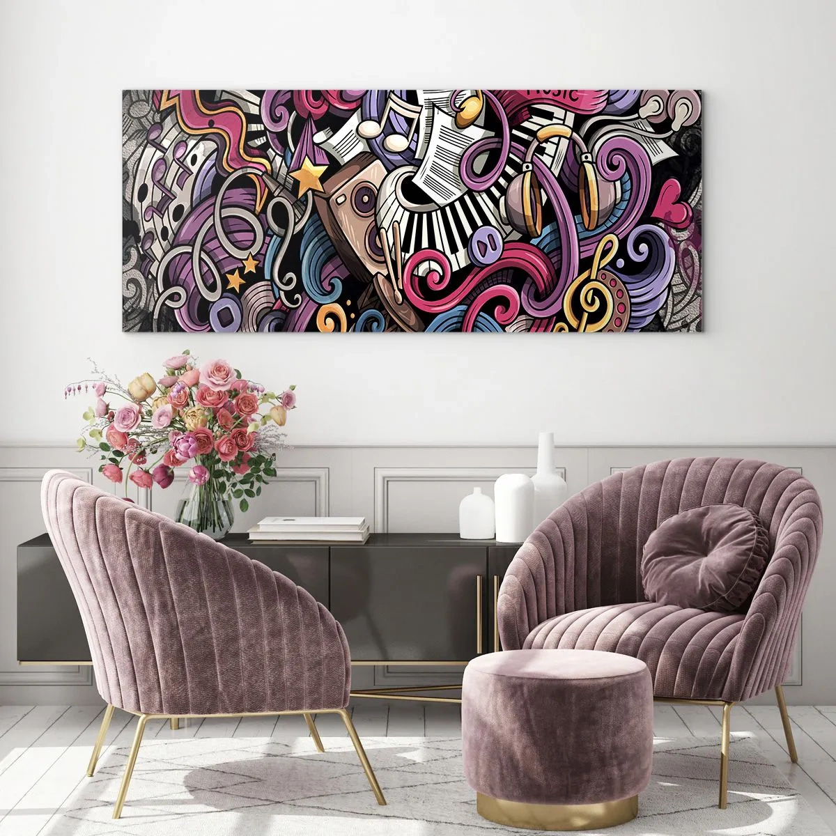 Impression sur verre - Image sur verre - Une abstraction musicale pleine d'instruments et de notes colorées. - 140x50cm - Mélodie compliquée - Décoration murale moderne pour le salon et la chambre ARTTOR