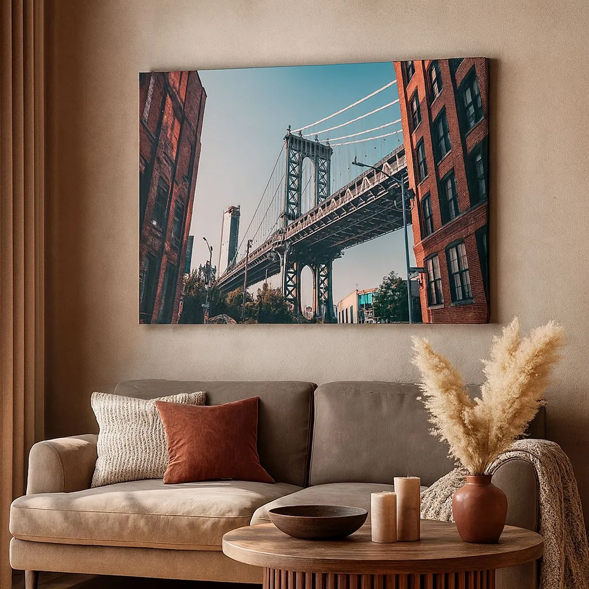 Impression sur toile - Image sur toile - Un pont entre les bâtiments dans un paysage urbain - 70x50cm - Sur les vagues de la ville - Décoration murale moderne pour le salon et la chambre ARTTOR