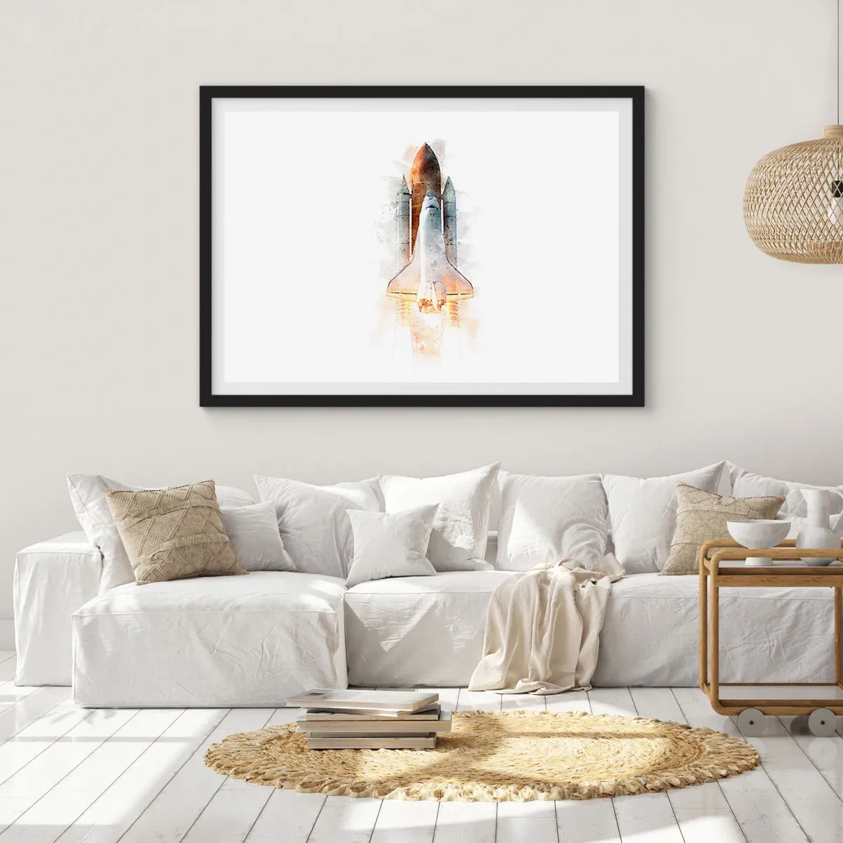 Affiche dans un cadre noir - Poster - Une interprétation artistique à l'aquarelle d'une navette spatiale au décollage - 70x50cm - Des explorateurs pour commencer - Décoration murale moderne pour le salon et la chambre ARTTOR