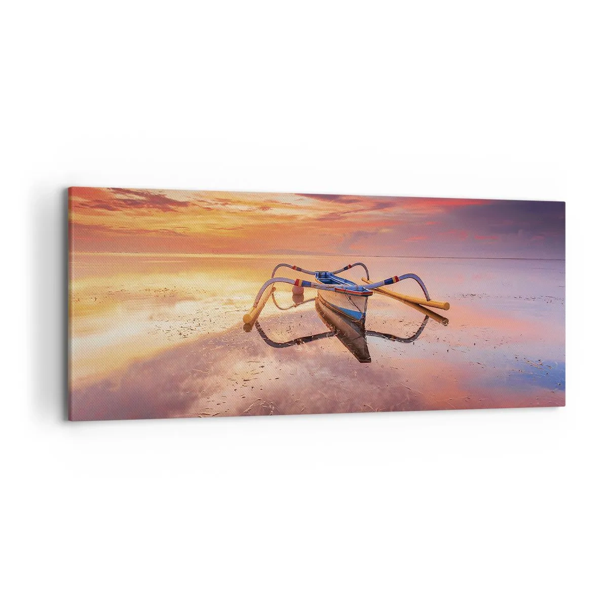 Impression sur toile - Image sur toile - Un bateau sur une eau calme au coucher du soleil - 120x50cm - Le calme d'une soirée tropicale - Décoration murale moderne pour le salon et la chambre ARTTOR