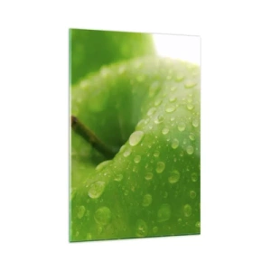 Impression sur verre - Image sur verre - Gros plan d'une pomme verte avec des gouttes d'eau - 80x120cm - Fraîcheur de verdure fraîche - Décoration murale moderne pour le salon et la chambre ARTTOR