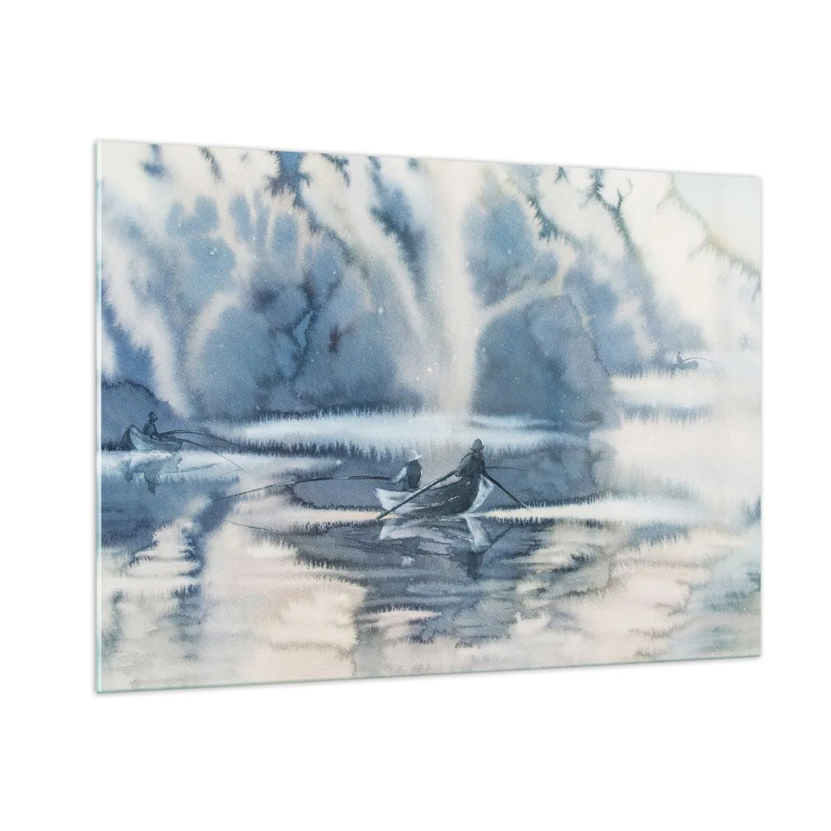 Impression sur verre - Image sur verre - Deux pêcheurs sur un bateau entourés d'un paysage brumeux - 100x70cm - Les pêcheurs dans leur paradis - Décoration murale moderne pour le salon et la chambre ARTTOR