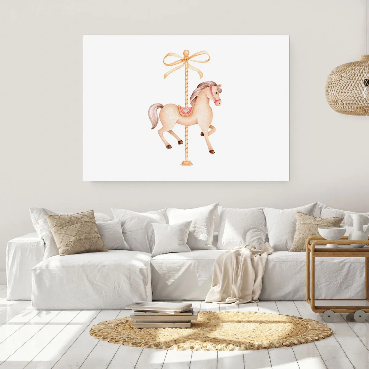 Affiche - Poster - Un cheval de carrousel avec un arc dans des pastels délicats - 100x70cm - Un trot gracieux - Décoration murale moderne pour le salon et la chambre ARTTOR