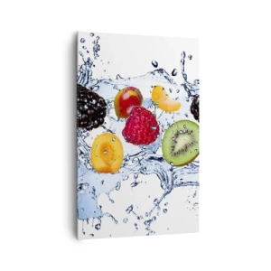 Impression sur toile - Image sur toile - Fruits colorés immergés dans des éclaboussures d'eau sur un fond blanc - 80x120cm - Amusez-vous avec nous - Décoration murale moderne pour le salon et la chambre ARTTOR