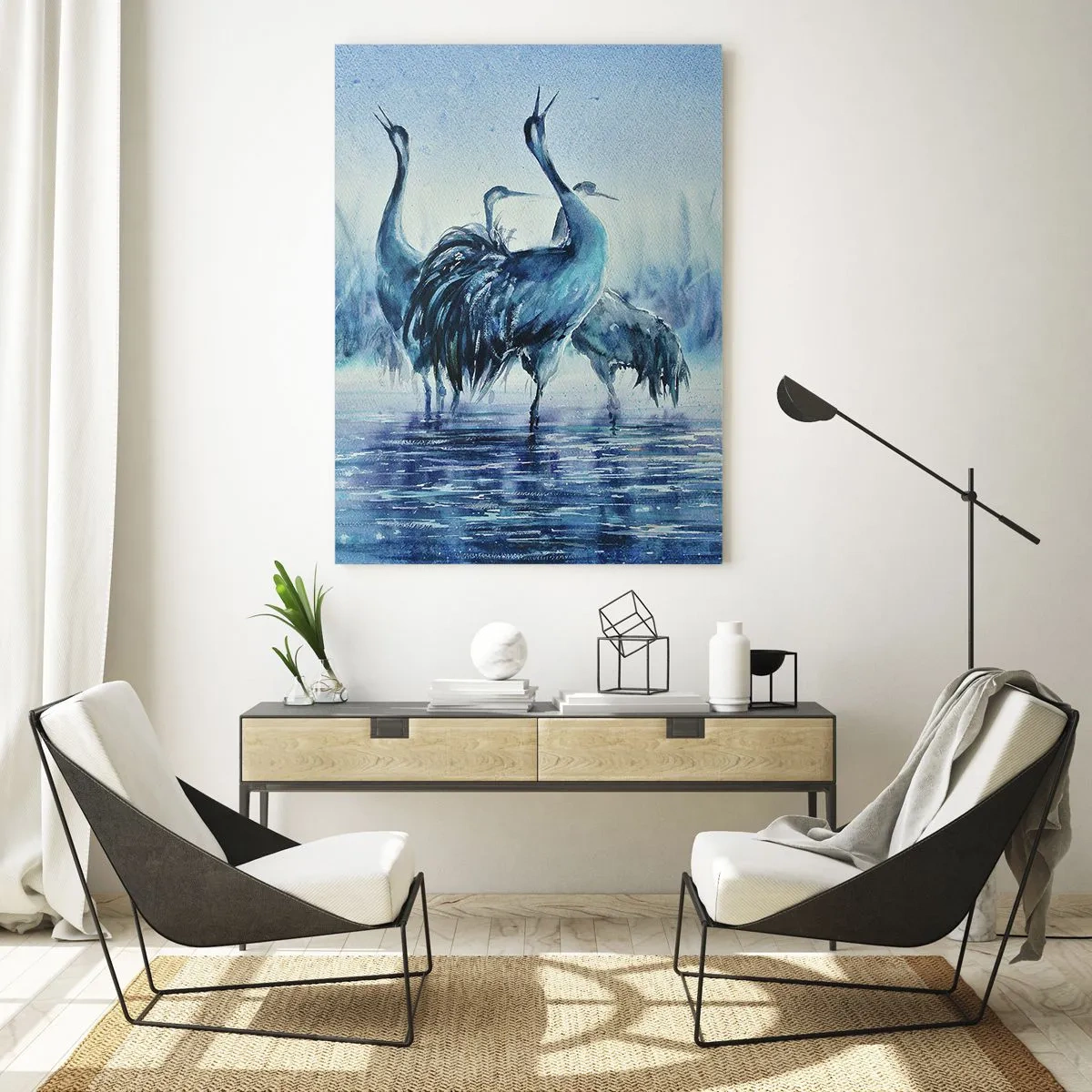 Impression sur verre - Image sur verre - Oiseaux pataugeant dans l'eau bleue - 50x70cm - Réunion matinale - Décoration murale moderne pour le salon et la chambre ARTTOR