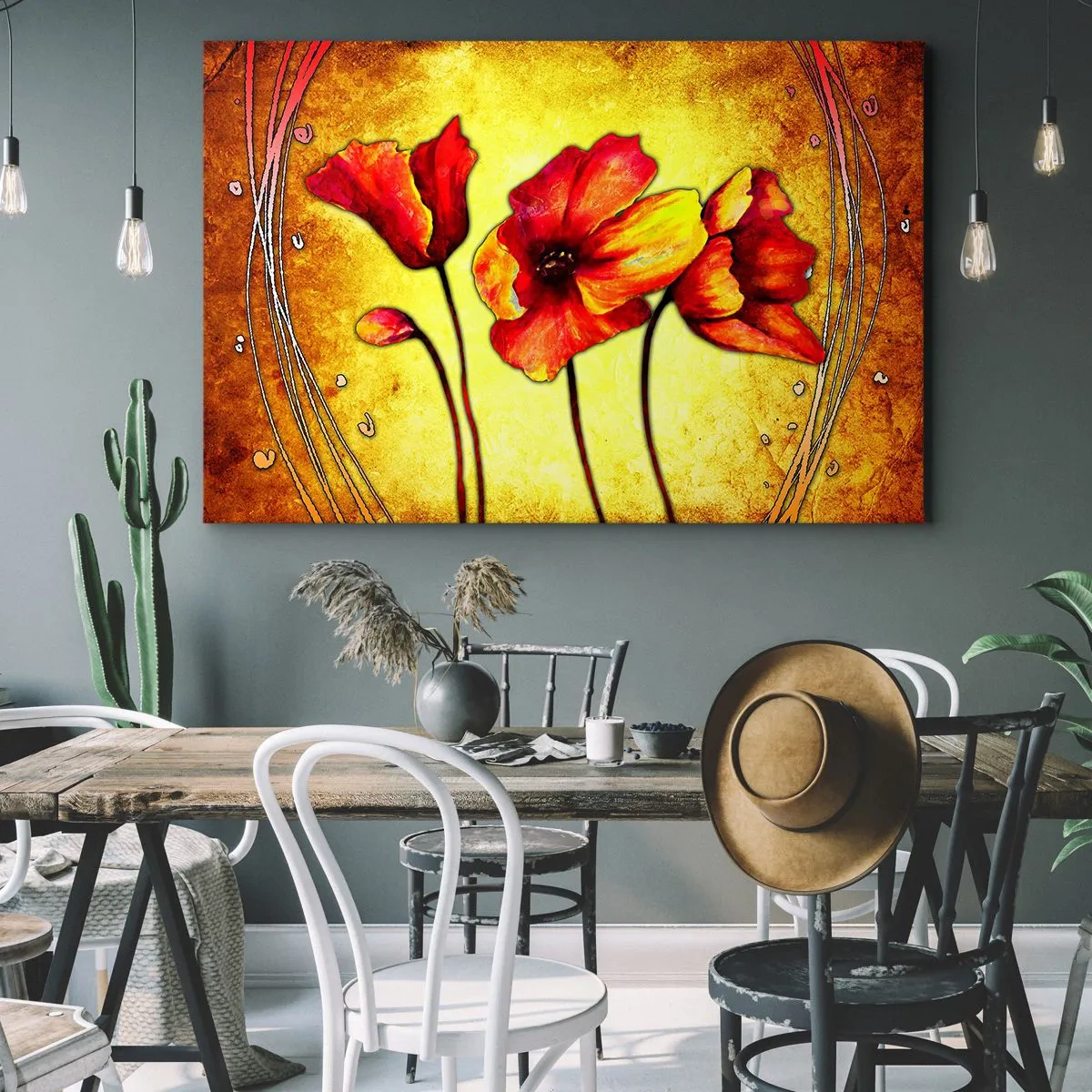 Impression sur toile - Image sur toile - Fleurs rouges et jaunes sur fond doré avec motifs décoratifs - 100x70cm - Dans la décoration Art Nouveau - Décoration murale moderne pour le salon et la chambre ARTTOR