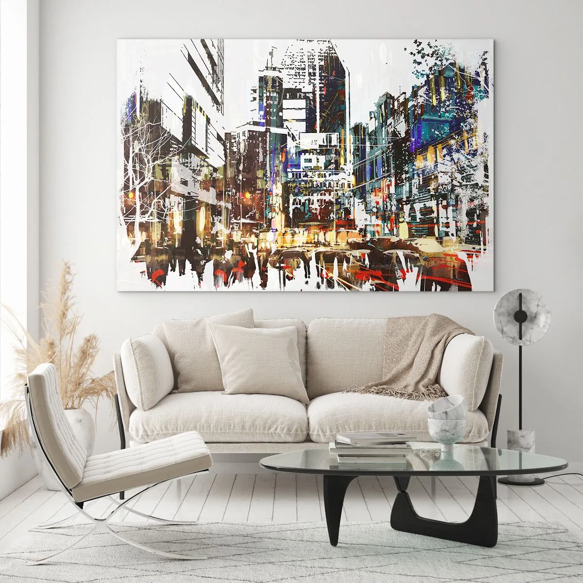 Impression sur verre - Image sur verre - Lumières colorées de la ville dans un style artistique et scintillant - 70x50cm - Une ville chatoyante - Décoration murale moderne pour le salon et la chambre ARTTOR