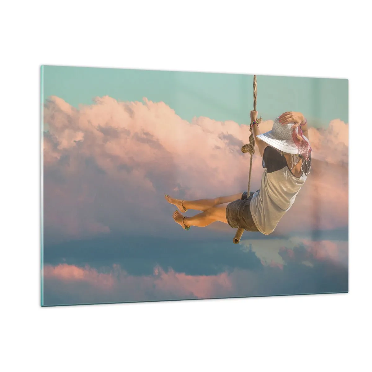 Impression sur verre - Image sur verre - Fille sur une balançoire parmi les nuages roses - 120x80cm - S'amuser dans les nuages - Décoration murale moderne pour le salon et la chambre ARTTOR