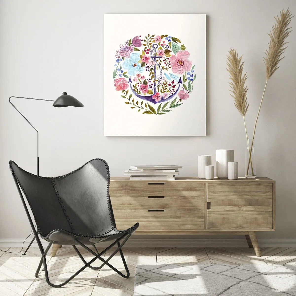 Impression sur verre - Image sur verre - Une ancre entourée de fleurs aquarelles colorées - 50x70cm - Le beau rêve du marin - Décoration murale moderne pour le salon et la chambre ARTTOR