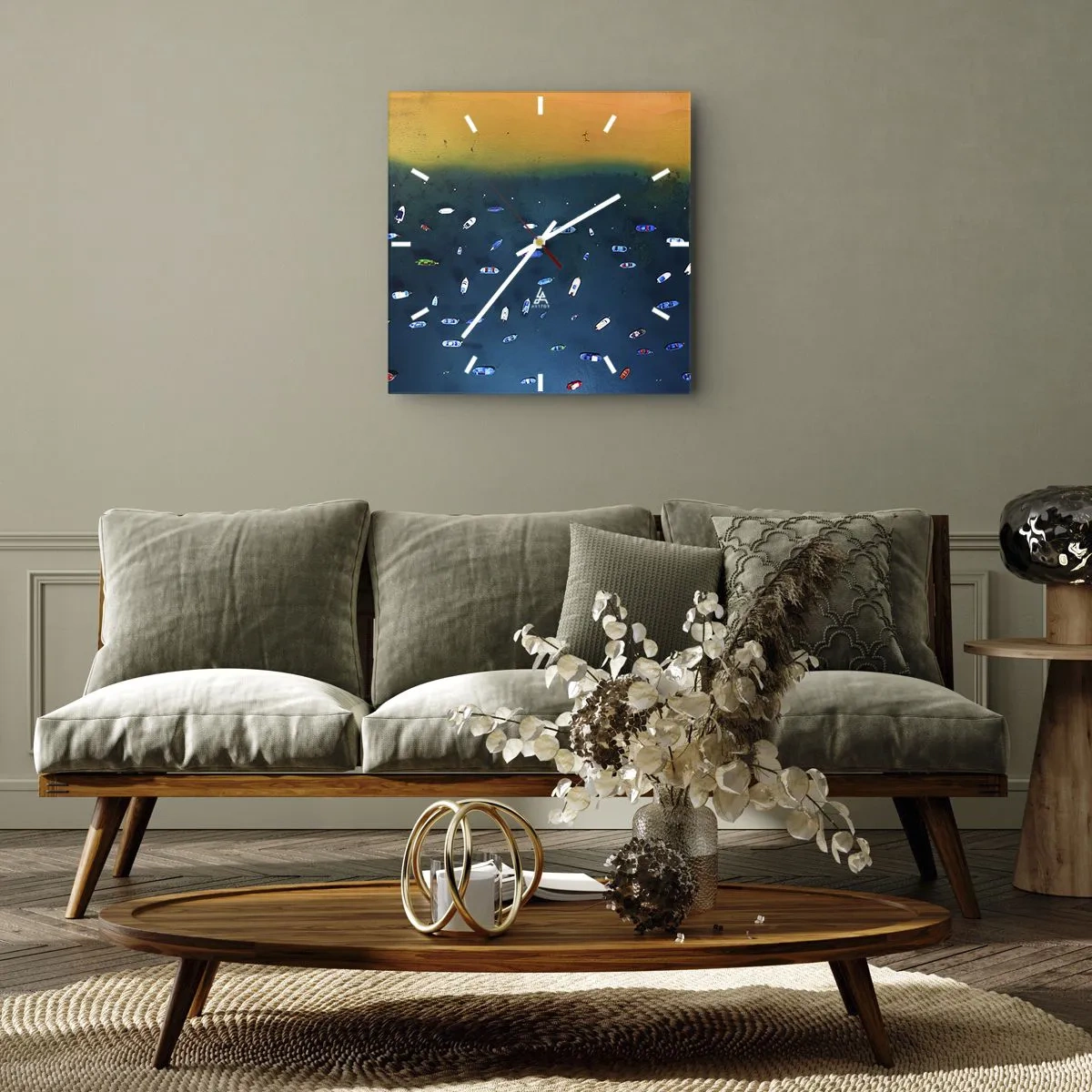 Horloge murale - Pendule murale - Vue aérienne de bateaux sur l'eau et d'un rivage sablonneux - 30x30cm - Jeu de vacances - Décoration murale moderne pour le salon et la chambre ARTTOR