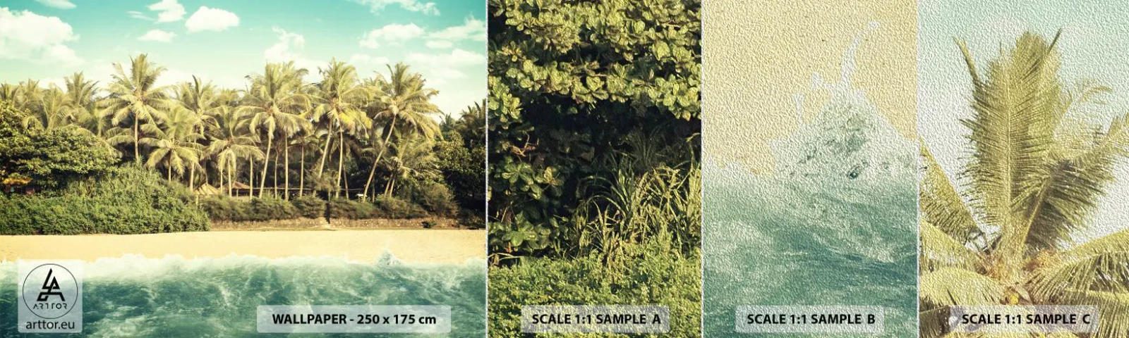 Échantillon de Papier Peint Premium Sand - Peut-être ici? - Paysage, Plage, Cocotier - 100x30 cm