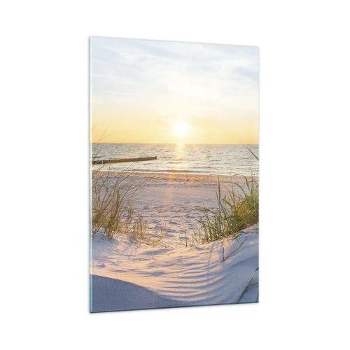 Impression sur verre - Image sur verre - Une plage de sable avec vue sur le coucher de soleil sur la mer - 80x120cm - Le bruit de la mer, le chant des oiseaux, une plage sauvage parmi les herbes… - Décoration murale moderne pour le salon et la chambre ART