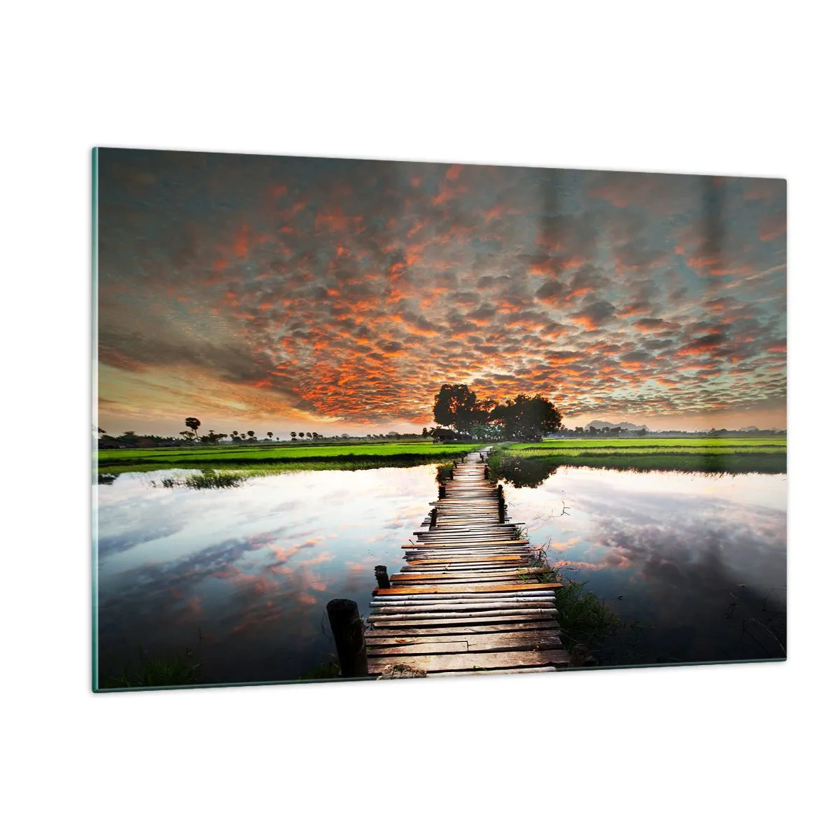 Impression sur verre - Image sur verre - Pont en bois sur la rivière au coucher du soleil - 120x80cm - Étendez vos bras - respirez - Décoration murale moderne pour le salon et la chambre ARTTOR