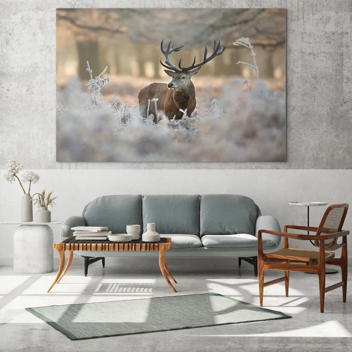 Impression sur verre - Image sur verre - Un cerf dans une clairière gelée entourée d'une forêt hivernale - 100x70cm - Une matinée animée - Décoration murale moderne pour le salon et la chambre ARTTOR