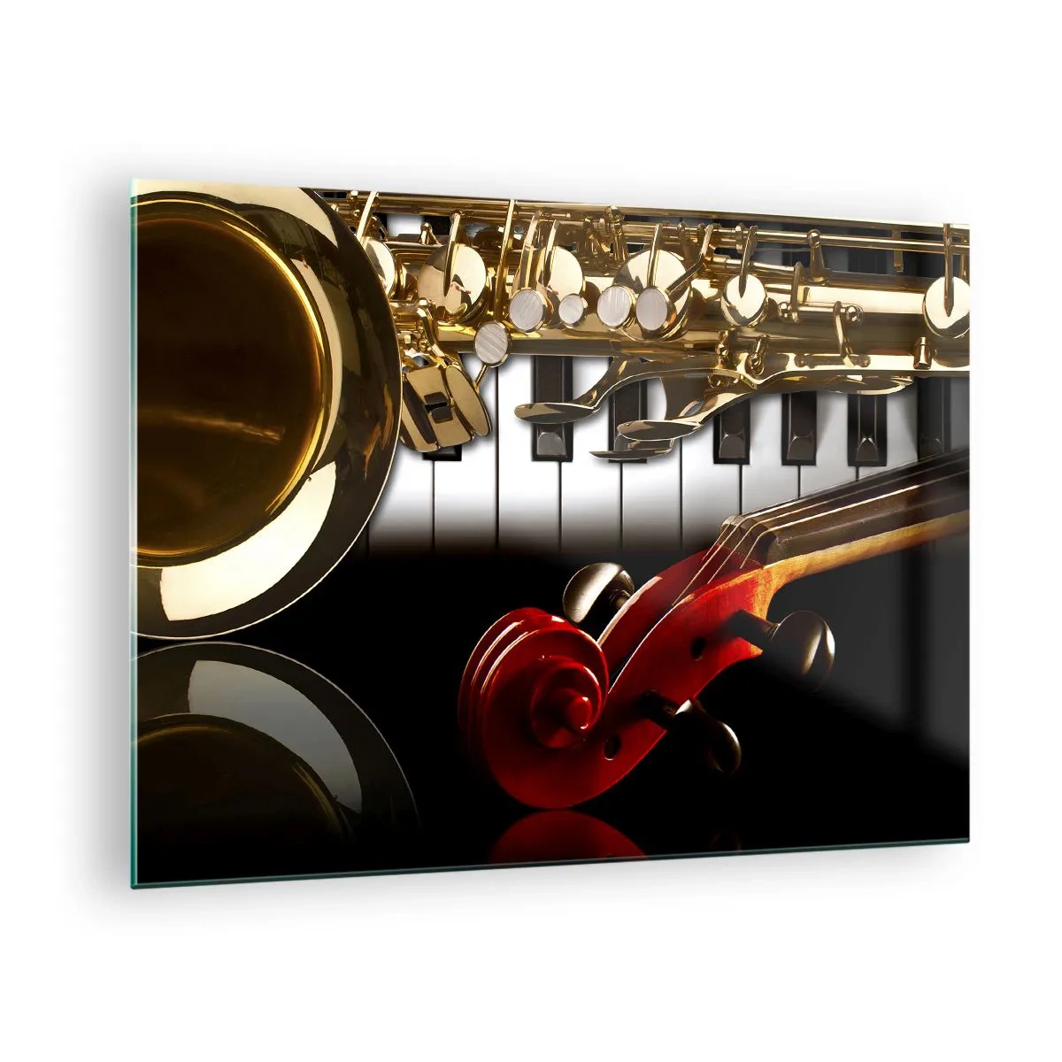 Impression sur verre - Image sur verre - Saxophone, clavier et archet dans une composition artistique - 70x50cm - Tôle, bois et ivoire - Décoration murale moderne pour le salon et la chambre ARTTOR