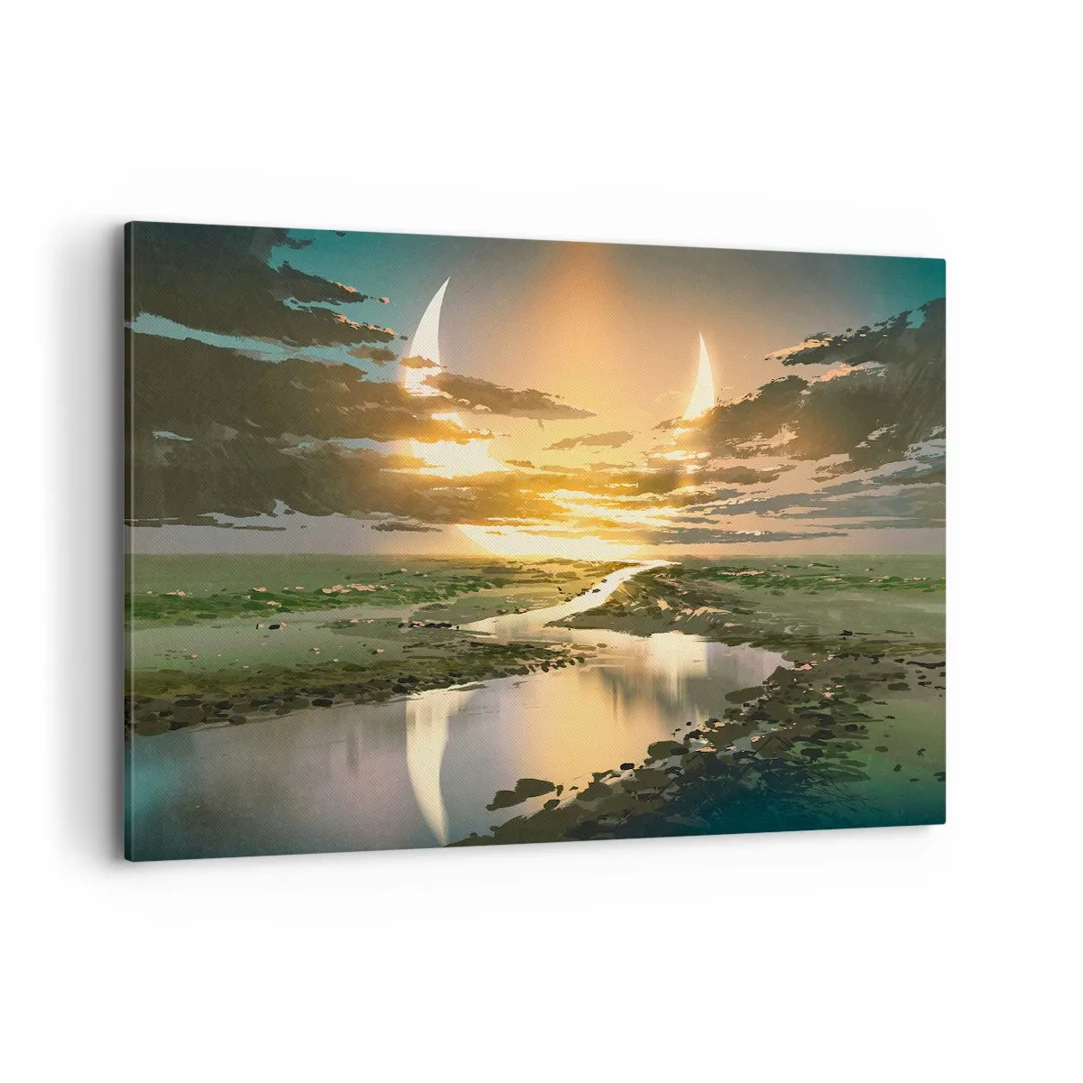 Impression sur toile - Image sur toile - Un paysage fantastique avec deux lunes à l'horizon - 120x80cm - Quelque part dans une galaxie lointaine, très lointaine - Décoration murale moderne pour le salon et la chambre ARTTOR
