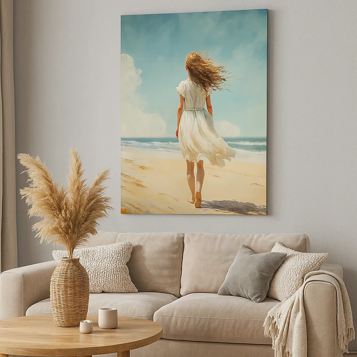 Impression sur toile - Image sur toile - Une femme en robe blanche marchant sur la plage par une journée ensoleillée - 50x70cm - Pour rencontrer le soleil et le vent - Décoration murale moderne pour le salon et la chambre ARTTOR