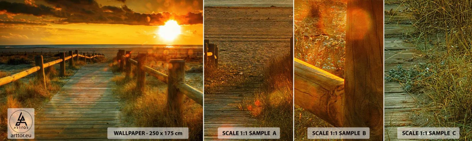 Échantillon de Papier Peint Autocollant Deluxe Sticker - Baigné dans le vieil or - Paysage, Mer, Descente à la plage - 100x30 cm