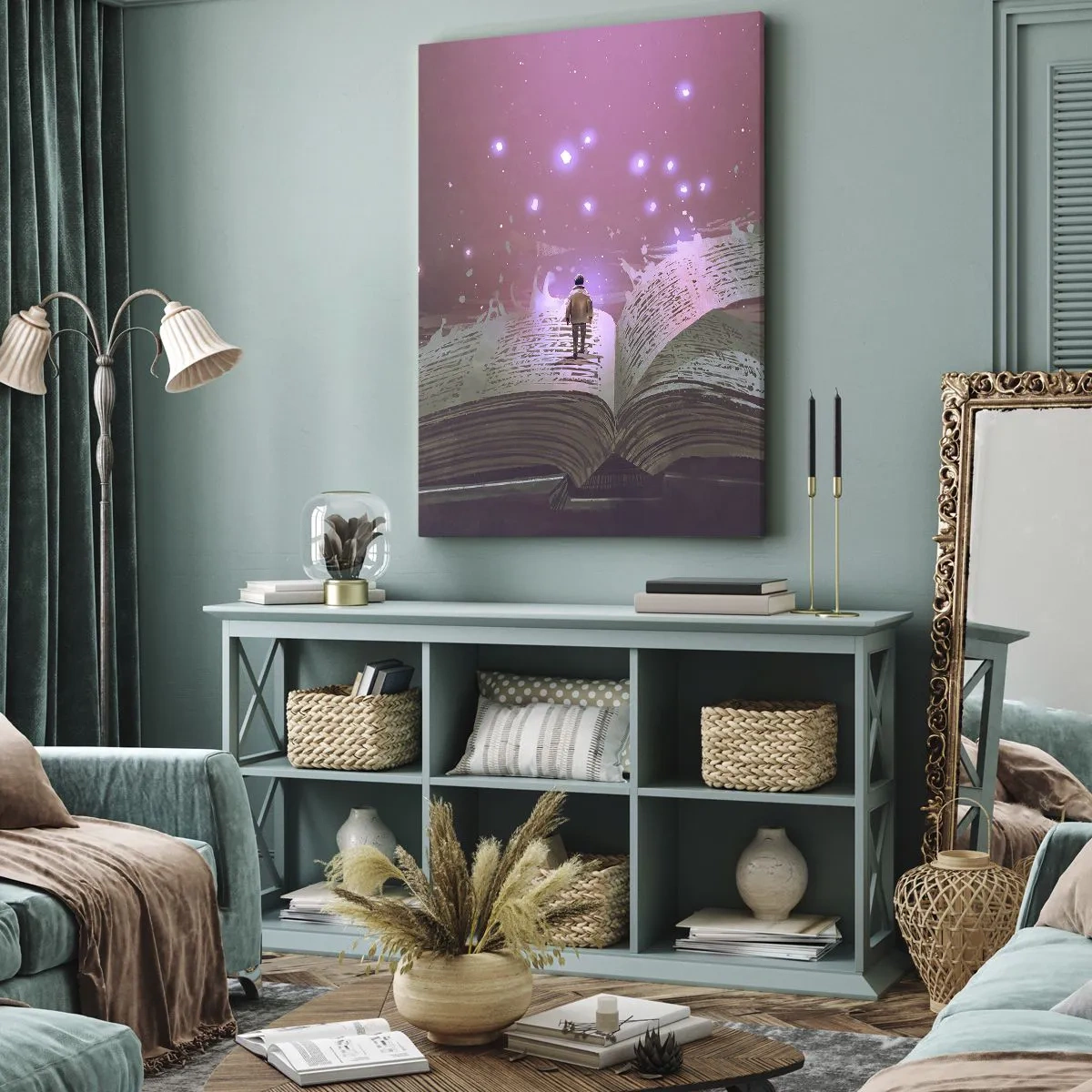 Impression sur toile - Image sur toile - Une silhouette marche sur un livre ouvert dans une lumière magique. - 50x70cm - Invitation à un autre monde - lisez ! - Décoration murale moderne pour le salon et la chambre ARTTOR