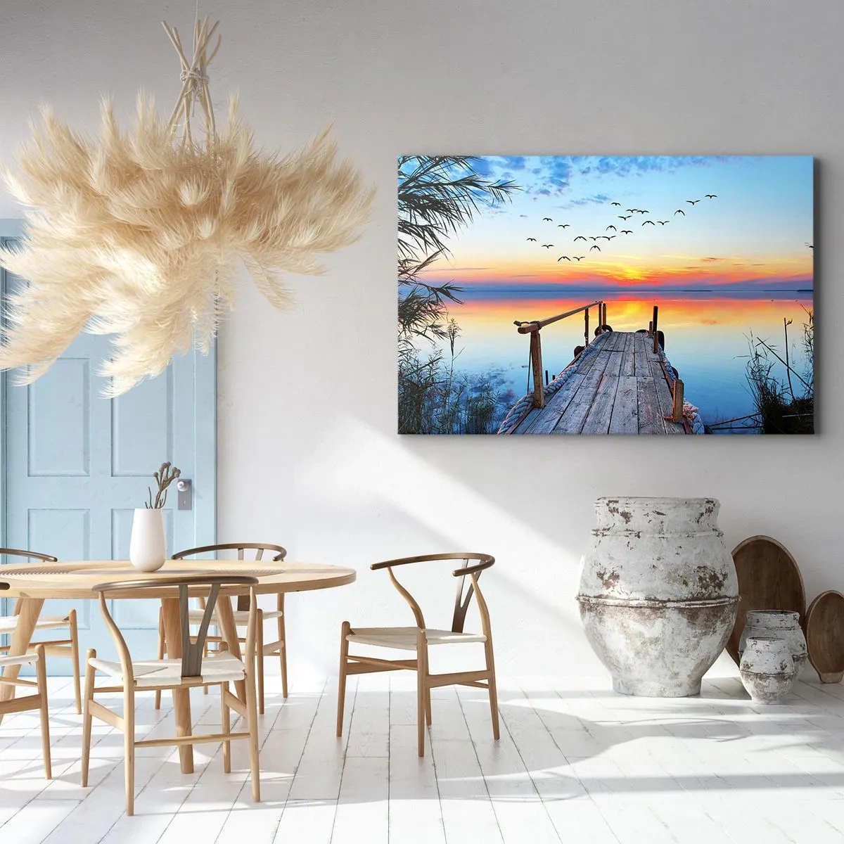 Impression sur toile - Image sur toile - Jetée en bois sur le lac au coucher du soleil - 70x50cm - Il est temps de rentrer... - Décoration murale moderne pour le salon et la chambre ARTTOR