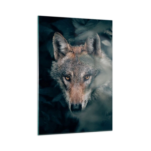 Impression sur verre - Image sur verre - Un loup observant avec vigilance depuis sa cachette dans le fourré de la forêt - 50x70cm - Chasseur - Décoration murale moderne pour le salon et la chambre ARTTOR