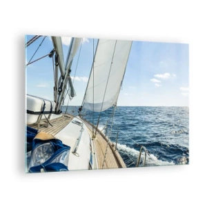 Impression sur verre - Image sur verre - Un yacht en pleine mer avec ses voiles déployées - 70x50cm - Ohé, l'aventure - Décoration murale moderne pour le salon et la chambre ARTTOR