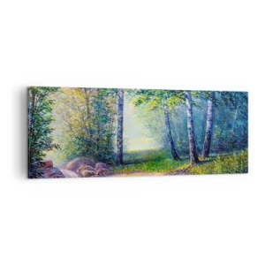 Impression sur toile - Image sur toile - Un ruisseau forestier entouré de bouleaux et de soleil - 140x50cm - Paysage idyllique - Décoration murale moderne pour le salon et la chambre ARTTOR