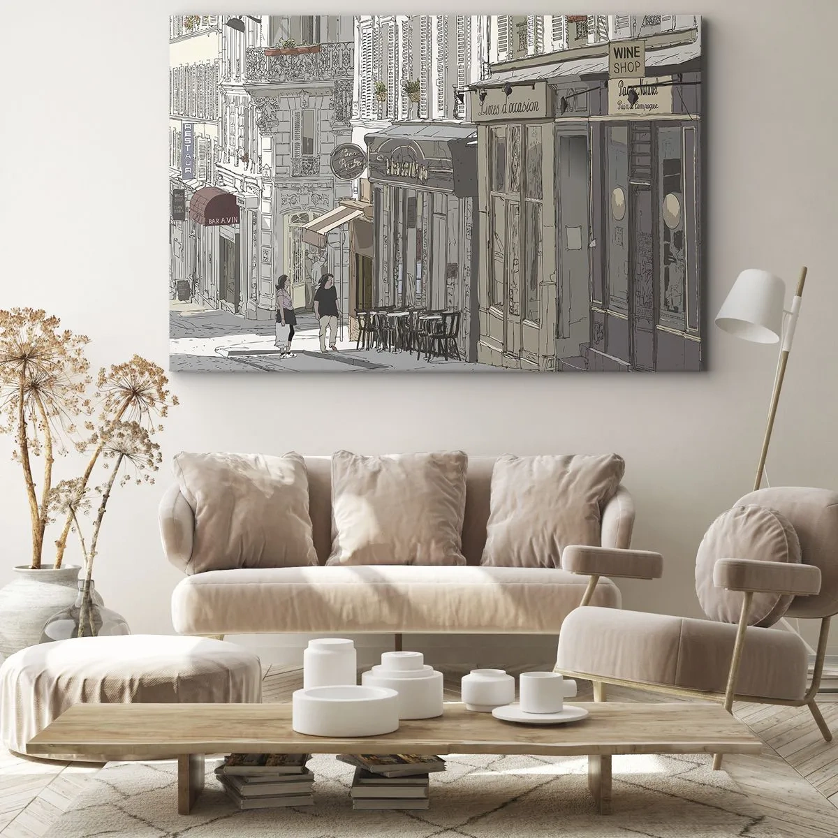 Impression sur toile - Image sur toile - Illustration d'une rue de la ville avec des cafés et des magasins - 70x50cm - Joie de la ville - Décoration murale moderne pour le salon et la chambre ARTTOR