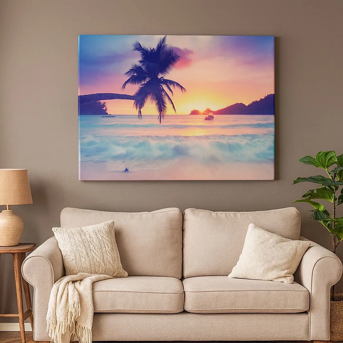 Impression sur toile - Image sur toile - Plage avec un palmier et un coucher de soleil sur l'océan - 70x50cm - Une soirée à la baie - Décoration murale moderne pour le salon et la chambre ARTTOR