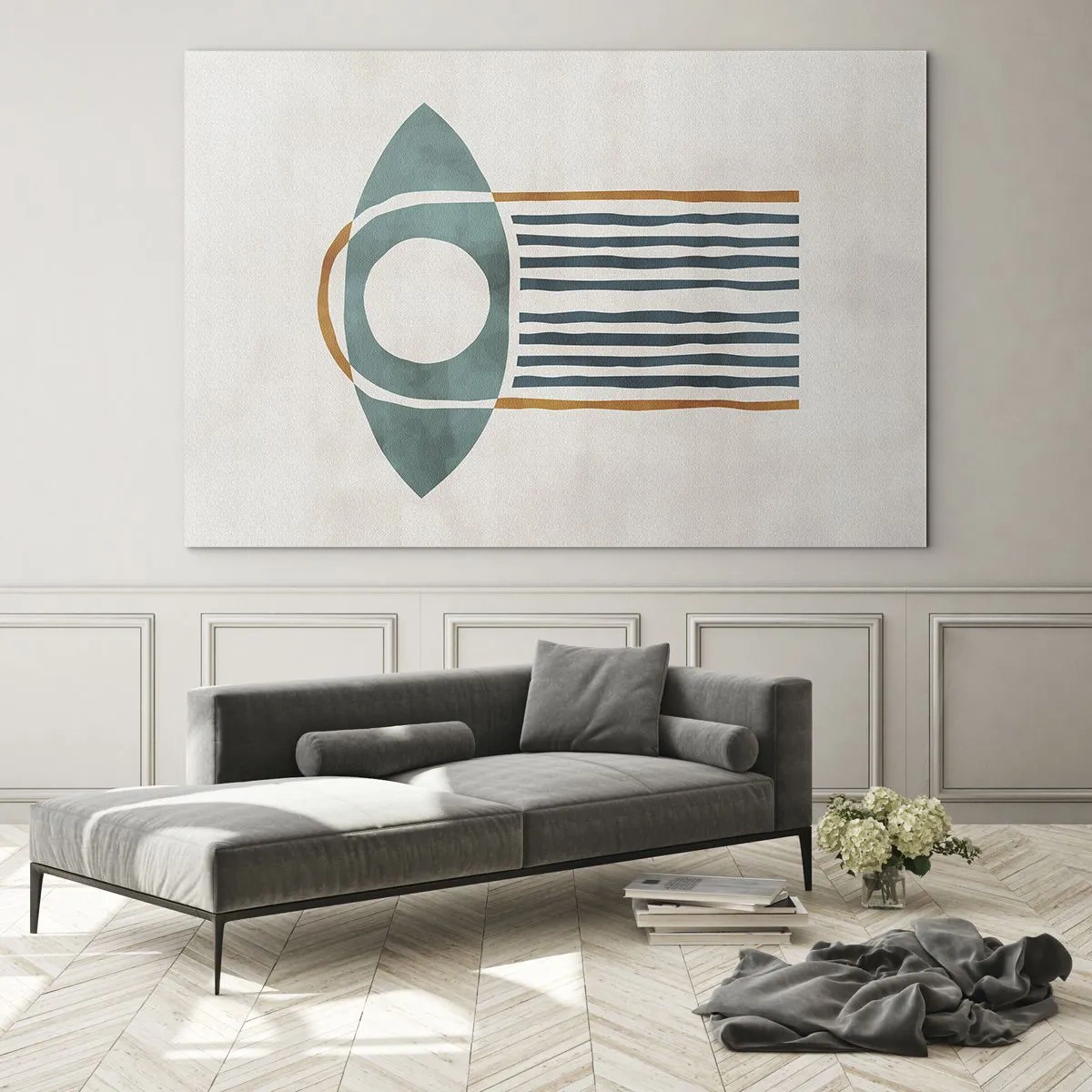 Impression sur verre - Image sur verre - Forme géométrique avec un cercle et des lignes dans les tons de vert et de rouge. - 100x70cm - Signes et rituels - Décoration murale moderne pour le salon et la chambre ARTTOR